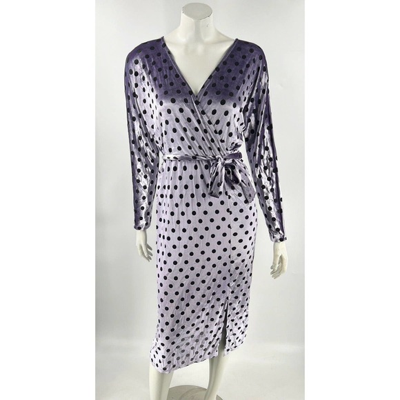 ASOS Midi Dress Sz 8 Purple Black Polka Dot Velour Slit Leg Stretch Long Sleeve - Picture 2 of 6